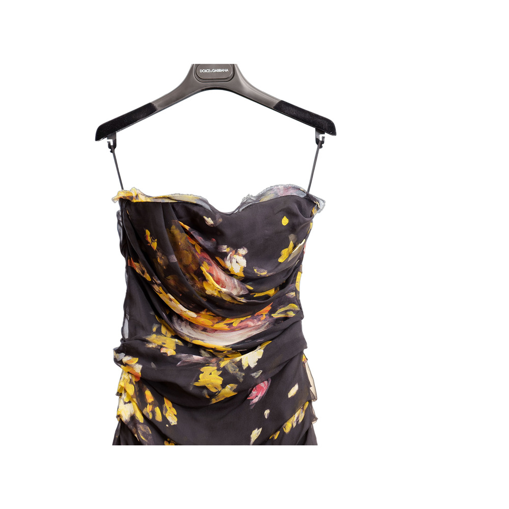 Dolce & Gabbana Black Yellow Floral Ruched Silk Chiffon Evening Gown (IT38/US 2) - Picture 4 of 12